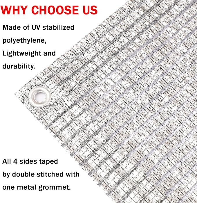 65% Aluminum Foil Shade Cloth with Grommets,8ft x 8ft, Mesh Sun Block Fabric Cover, Canopy, Privacy Screen for Outdoor Patio, Garden, Backyard, Silver