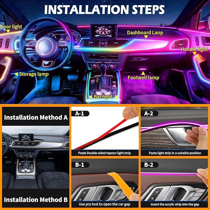 Interior Car LED Strip Lights, Acrylic LED Lights for Car with Dynamic Dreamcolor Chasing, Ambient Lighting Kits Music Sync Wireless APP and RF Remote Control (8 in 1)