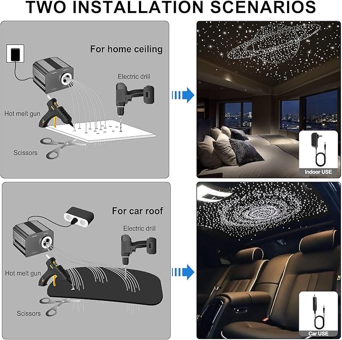 Car Starlight Headliner Kit, Twinkle & Sound Activated RGBW 16W 500pcs*0.02in*9.8ft Fiber Optic Starlight Kit with APP& Remote Controlled, Star Lights for Ceiling Car Roof/Home Theater