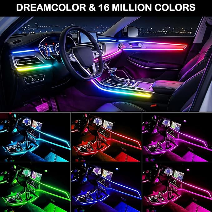 Interior Car LED Strip Lights,Acrylic LED Lights for Car with Dynamic Dreamcolor Chasing,175 inches 10 in 1 RGB Neon Strip Fiber Optic Ambient Lighting Kits with Remote APP,for Inside car Decorations