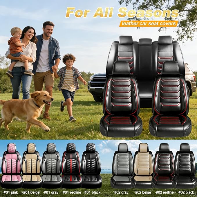 Fit Mazda 3 Car Seat Covers for Select Mazda 3 2010-2019 - Full Coverage Leather, Airbag Compatible, Waterproof & All Weather Seat Cushion Protector, Full Set, Black with Red Trim