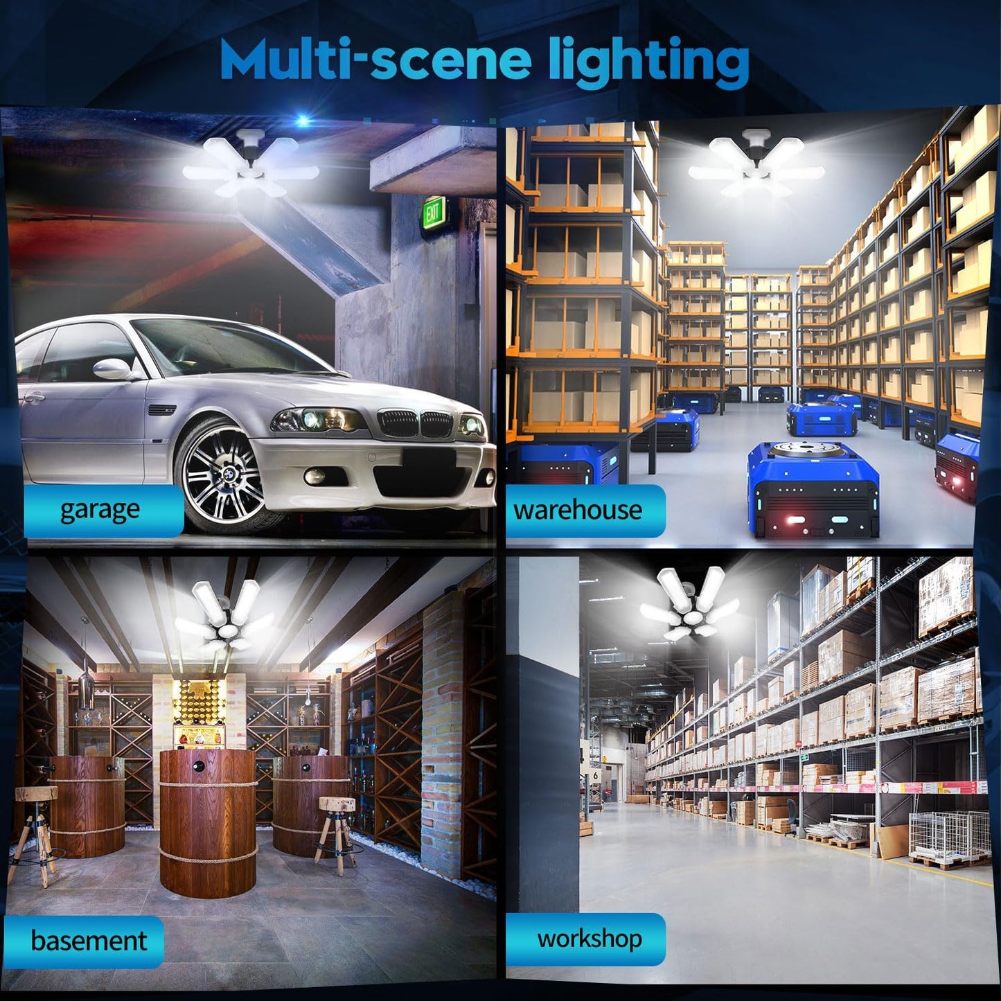 TANBABY Upgrade LED Garage Lights 4 Pack, Total 60000LM Deformable Garage Light Ceiling Shop Light,150W E26/E27 LED Light Garage Lighting with 6+1 Adjustable Panels Garage Bulb for Attic,Basement