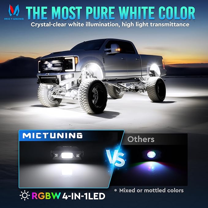 MICTUNING C1 12 Pods RGBW Rock Lights - Multicolor Underglow Neon Light Kit with Bluetooth Controller, APP Control, IP68 Waterproof