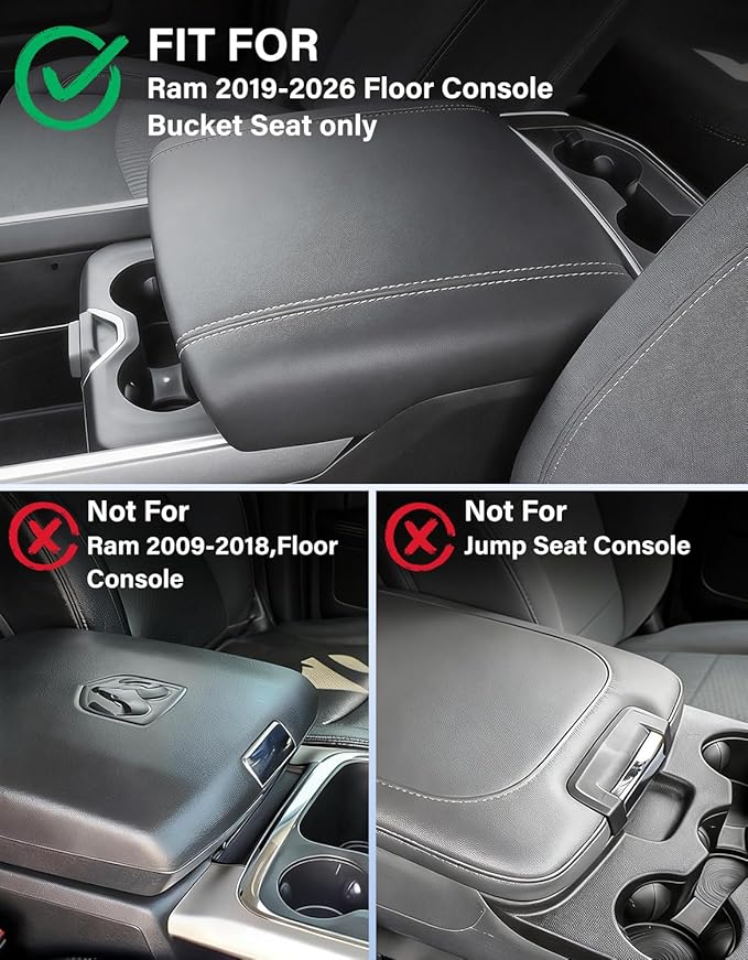 Center Console Cover for 2019-2026 Dodge Ram 1500 2500 3500 Accessories, Vinyl Leather for 5th Ram 1500 Armrest Cushion Pad Anti-Scratch, Black/Red Stitching(Bucket Seat Only)