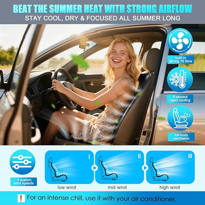 Leather Cooling Car Seat Cover, Breathable Mesh Cooling Car Seat Cushion with Massage & 16 Fans, 3-in-1 All-Season Ventilated Seat Cover for Car SUV Truck Universal Fit (Black-1)