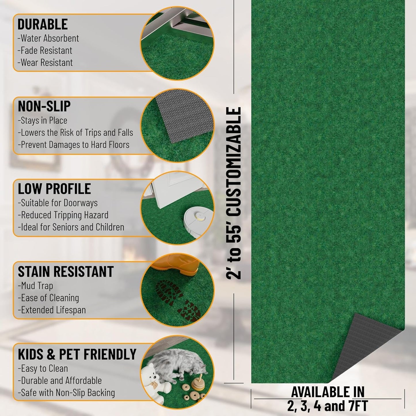 Ottomanson 6'6" x 9' Mud Mat Area Rug Scraper Carpet - Non-Slip, Dirt Trapping for Indoor & Outdoor Use - Ideal for Entryway, Garage, Kitchen, Patio & High-Traffic Areas, Green