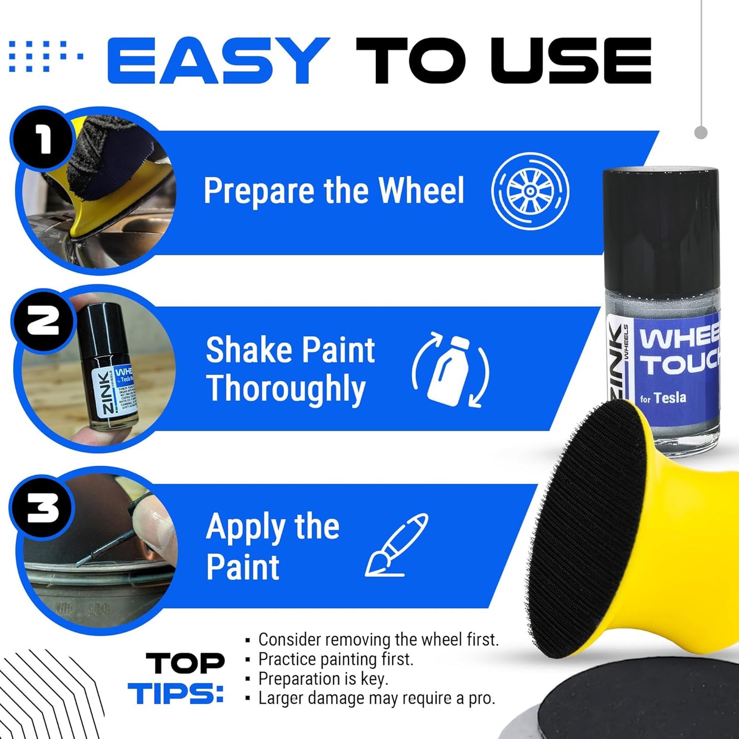 Premium Tesla Wheel Curb Rash Repair Kit for Model Y 19-inch Silver Gemini Rims - DIY Kit with Color-matched Touch Up Paint - Made in USA