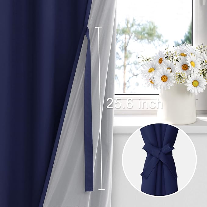 XWZO 100% Blackout Curtains 54 Inches Long with Tiebacks- Heat and Full Light Blocking, Thermal Insulated Window Panels with Grommets for Bedroom/Nursery, Navy Blue, W42 x L54, Set of 2 Draperies