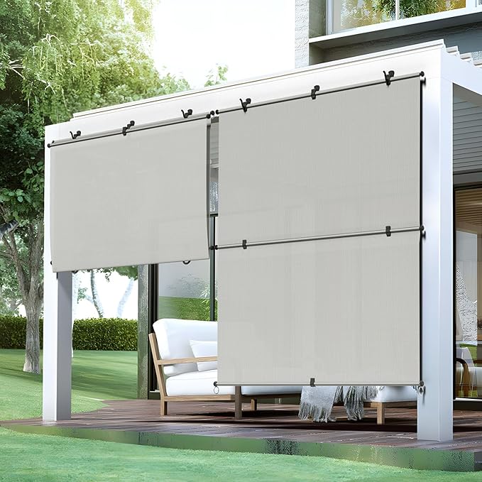 Bynbbur 4'W x 7'H Outdoor Patio Shades Foldable Roller Blinds, 220 GSM Sun Shade Roll Up Porch Screens Exterior Shade Cloth for Deck Pergola Backyard, Light Gray