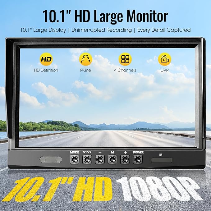 4-Wired Backup Camera System, 10.1" DVR Quad Screen Rear Side View Cameras, IP69 Waterproof IR Night Vision, 20G Vibration-Proof for Trailer/RV/Tractor/Combine/Skid Steer/Heavy Equipment, Y4