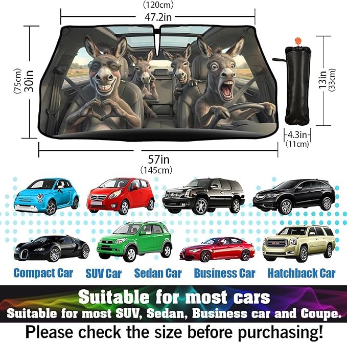 Funny Donkey Print Car Sunshade Umbrella Funny Donkey Windshield Sun Shade for Car Retractable Umbrella Sunshades for Front Window Sun Shades Cover Visor Portector Block UV Rays