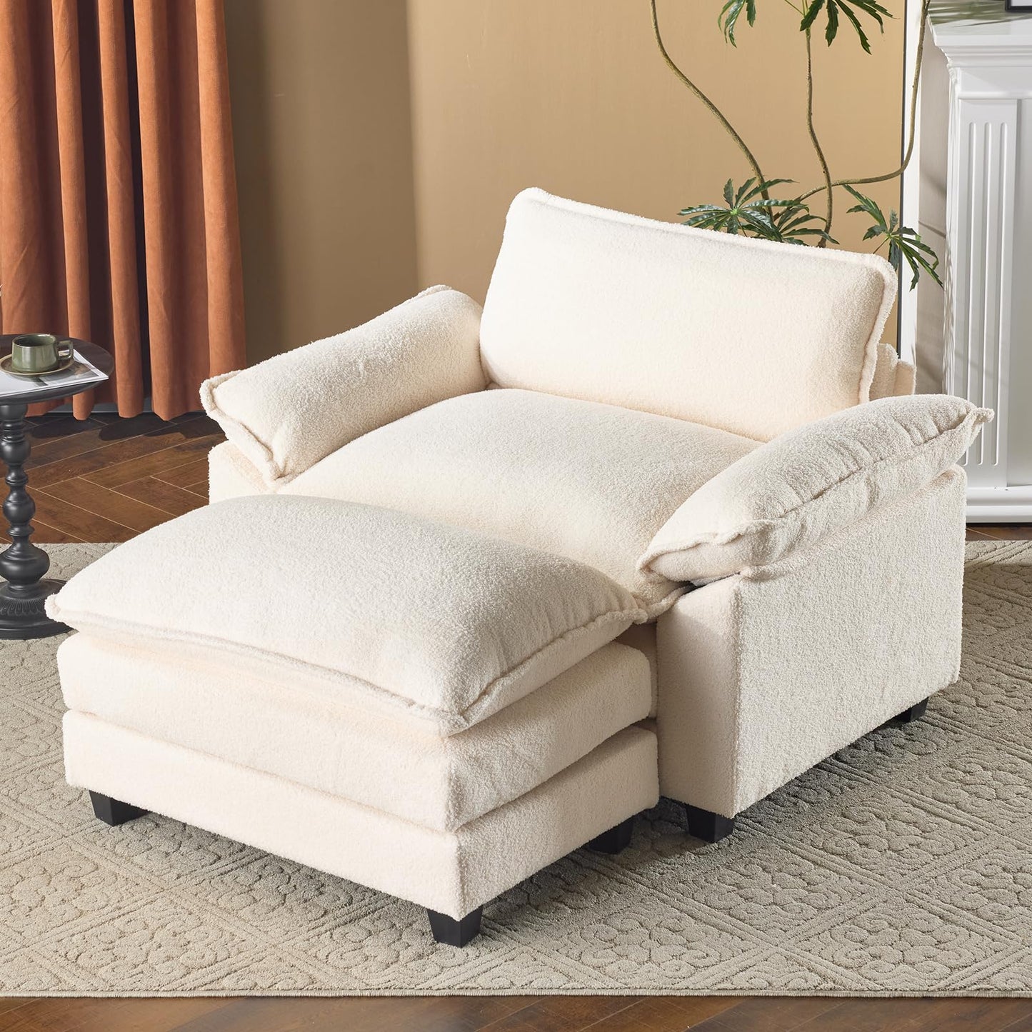 VINGLI Oversized Sofa Chair and a Half with Deep Seat & Movable 2-Layer Ottoman Set, Comfy Cloud Sofa Bed with Chaise, 1-Seater Modular Sectional Sleeper Couch for Living Room, Teddy-Fleece, Beige