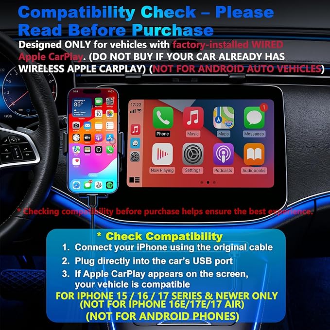 4-in-1 Wireless CarPlay Adapter for iPhone 15/16/17 & Newer, Wired Video Streaming, Screen Mirroring, Two-Way Control & Charging, Plug & Play for Factory Wired CarPlay (Gray)