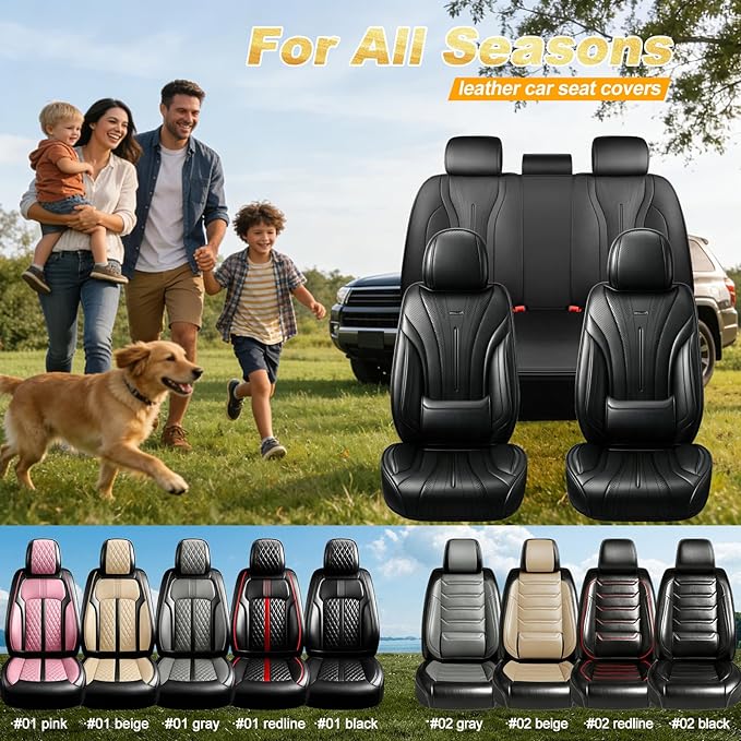 Fit Malibu Car Seat Covers for Select Chevrolet/Chevy Malibu 2009-2025 - Full Coverage Leather, Airbag Compatible, Waterproof & All Weather Seat Cushion Protector, Full Set, Black