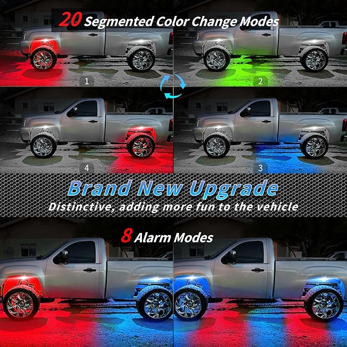 Segmented RGB LED Rock Lights Kit with APP/RF Remote Control, Multicolor 10Pods Underglow Neon Light Waterproof 12V Underbody Brake Light Fender Lights for Jeep Golf Cart Trucks Pickup ATV UTV RZR SXS