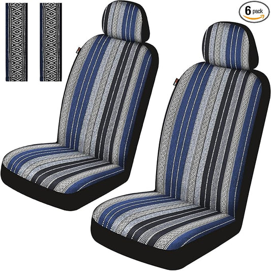 Baja Saddle Blanket Car Seat Covers Front Set with Seat Belt Pads, Washable Breathable Striped Woven Cloth Seat Covers for Cars, SUV, Truck, Airbag Compatible(Blue)