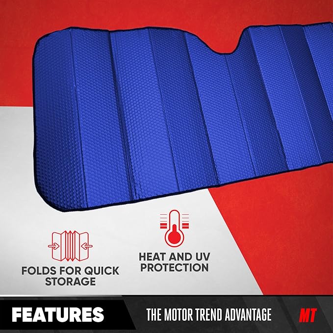 Motor Trend Front Windshield Sun Shade - Accordion Folding Auto Sunshade for Car Truck SUV - Blocks UV Rays Sun Visor Protector - Keeps Your Vehicle Cool - 58 x 24 Inch (Blue)