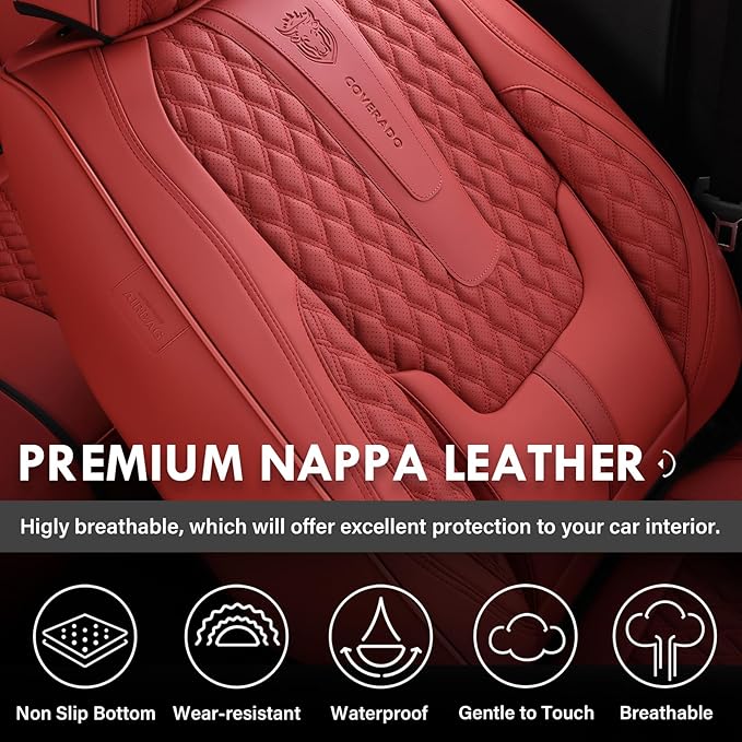 Coverado Car Seat Covers Front Seats, Luxury Faux Leather Red Seat Covers for Cars Waterproof Seat Covers with Lumbar Support, Car Seat Protector Universal Fit for Most Cars SUV Truck(Front, Red)