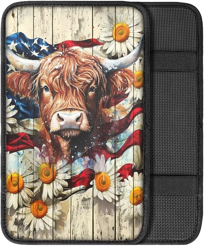 Suobstales Highland Cattle Daisy Print Car Armrest Pad Wood American Flag Design Soft Center Console Arm Rest Protector Cover Universal Car Interior Accessories Decoration