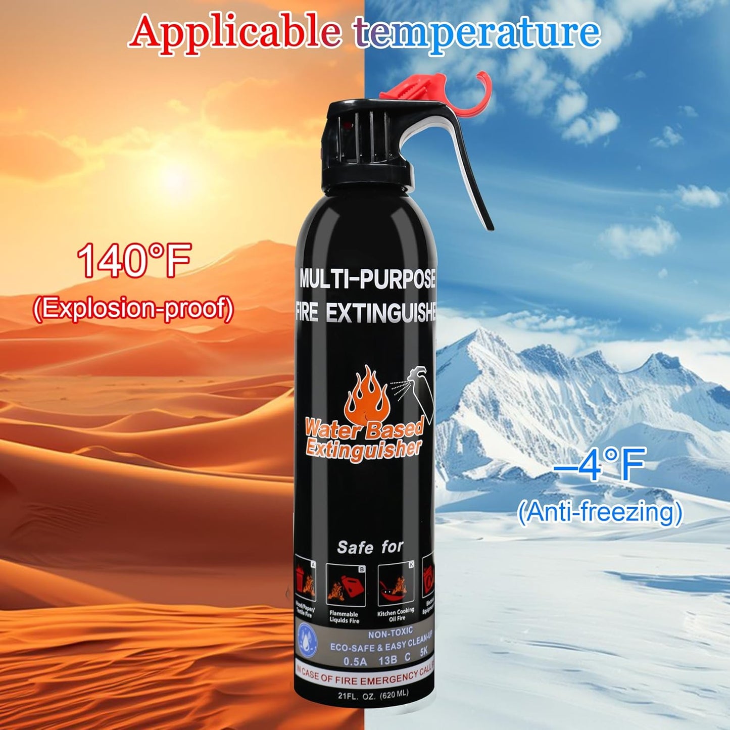 Fire Extinguishers for Home, 1 Pack Vehicle Fire Extinguisher with Mount, Portable Fire Extinguisher Effective on A, B, C, K Fires, Water-Based Extinguisher for Car Boat Office Truck Kitchen Garage RV