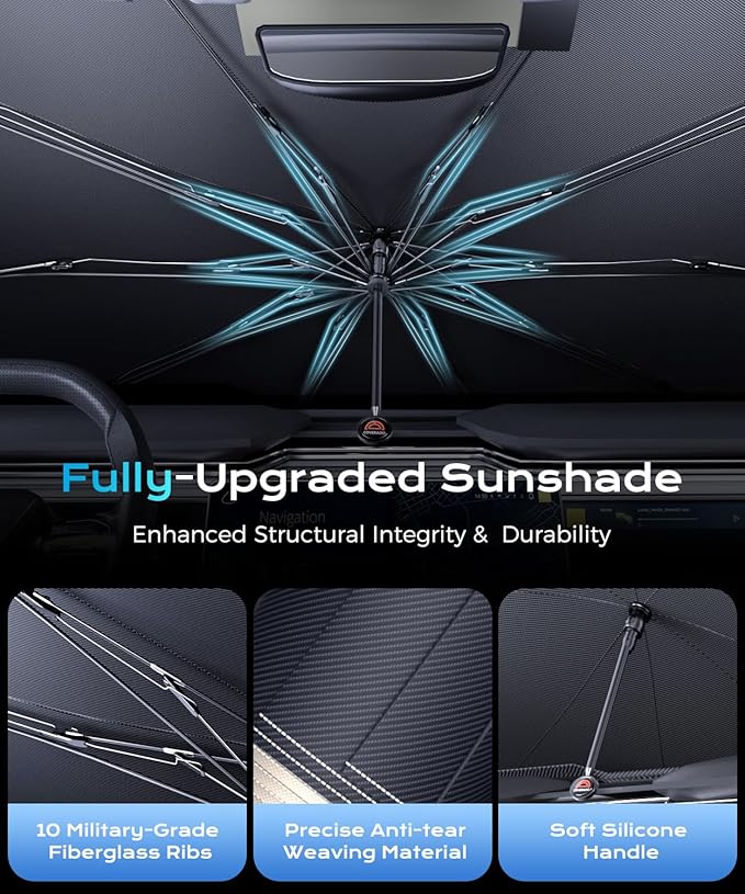 [2025 Upgrade] Coverado Windshield Sun Shade, UPF80+ Sunshade for Car Windshield Blocks Heat & UV Rays, Thickened Vinyl Coating Keep Cool Protect Interior, M 57”x32” for Sedans/SUVs