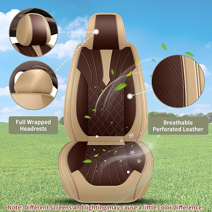 Breathable Car Seat Covers for Toyota Venza 2021 2020 2019 2018 2017 2016 2015 2014 2013 2012 2011 2010 2009, Perforated Leather Full Set 5 Seats, for Toyota Venza Accessories (Beige&Brown)