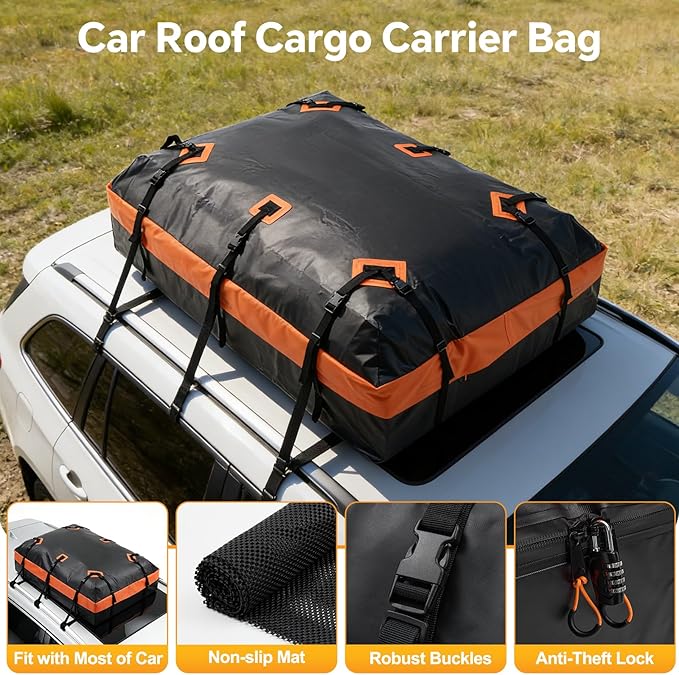 NEWBULIG Car Rooftop Cargo Carrier Bag, 20 Cubic Feet Duty Waterproof Bag for All Vehicles with/Without Racks. Includes Anti-Slip Mat, Reinforced Straps, 6 Door Hooks, Storage Bag & Luggage Lock.