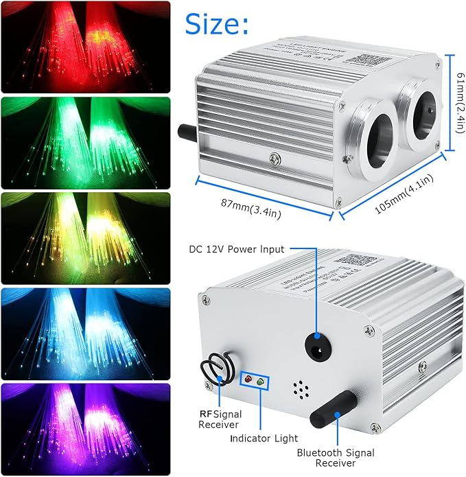 AZIMOM Dual Port 16W Twinkle Bluetooth Fiber Optic Lights Star Ceiling Light Kit 600pcs0.03in9.8ft Fibers Strands Sound Activated RGBW APP/Remote Light Engine for Car Home Starlight Headliner Decor