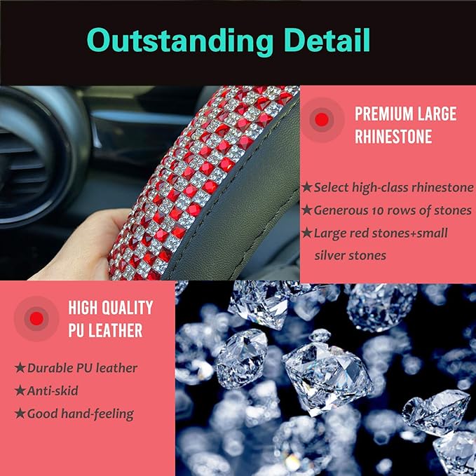 PINCTROT Large Size Bling Comfy Steering Wheel Cover with Jumbo Crystal Rhinestones, Anti-Slip Diamond Leather, 15.5-15.75 Inch (Red)