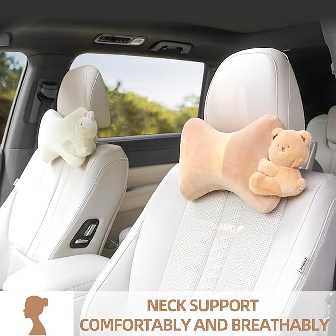 Car Headrest Pillow 2PCS Plush Bear ＆ Bunny Car Seat Headrest Pillow - Memory Foam Neck Support Cushions for Comfortable Driving, Easy Install & Washable (White Rabbit)