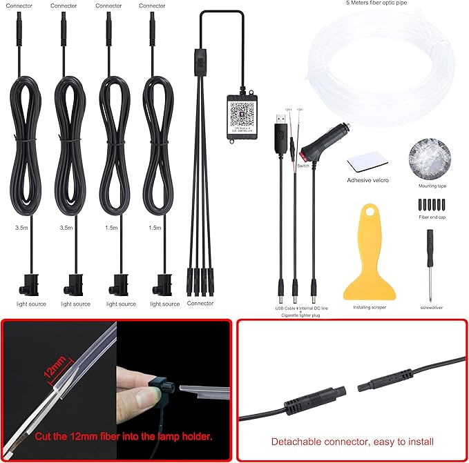 5 m Optic Fiber Car Ambient Lighting Kit Bluetooth App Control 64 Colors Multicoloured Music Interior Lighting Kit 12V 1W