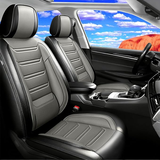 Fit Ridgeline Car Seat Covers for Select Honda Ridgeline 2007-2026 - Premium Full Coverage Leather, Airbag Compatible, Waterproof & All Weather Seat Cushion Protector, Front Pair Black+Gray