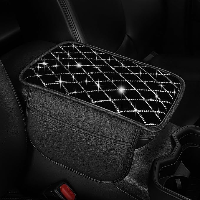 Bling Armrest Cover for Car Compatible with Jeep Renegade - Center Console Cover with 2 Storage Pockets and Crystal Diamond(Black)