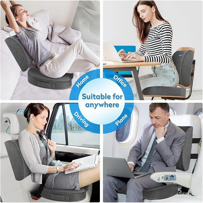 CloudBliss Lumbar Support Pillow & Seat Cushion Set for Office Chair, Desk Chair, Wheelchair & Car – Memory Foam Back Support, Ergonomic Chair Cushions, Sciatica Pain Relief, Home Essentials, Grey