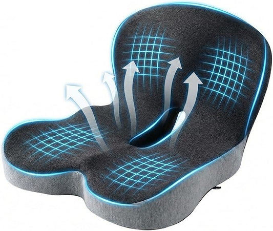 Seat Cushion Memory Foam with Ergonomic L-Shaped Extra Wide Support for Lower Back Relief, Comfort Cushion for Office Chair, Car Seat & Gaming Seat, Helps Sciatica Pain, Posture Improvement (Gray)
