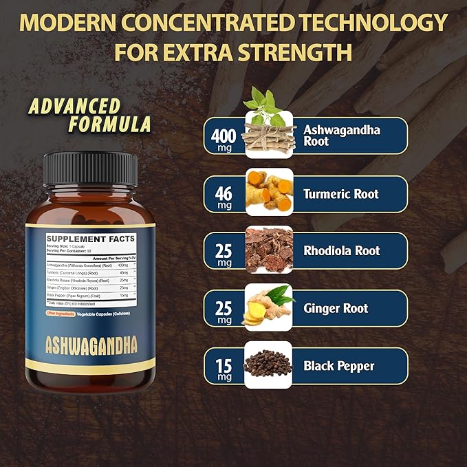 Ashwagandha Extract Capsule - Great Strength - 5in1 Blended Ginger, Turmeric, Rhodiola Rosea & Black Pepper - 90 Capsules for 3 Months - Strength, Spirit & Immune Support