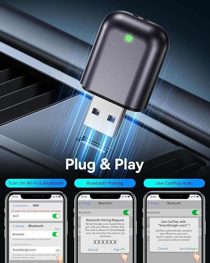 Burnt Sugar Wireless Carplay Adapter for iPhone Newly Upgraded, Ultra-Mini USB Design Wired to Wireless for Apple Car Play, Stable Low-Lag GPS Plug & Play for iOS 10+ & Cars from 2016+ (Starry Sky)