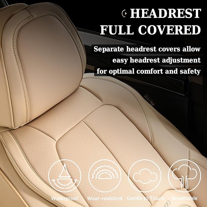 Coverado Seat Covers, Leather Seat Covers Front Seat, Luxury Car Seat Covers with Lumbar Support, Front Driver Seat Covers, Car Seat Protector Waterproof Universal Fit Most Cars(Beige)