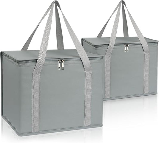 PEASUG 2 Pack Insulated Bags for Food Delivery, XL Pizza Delivery Bags, Large Capacity Cooler Bag Keep Food Warm for Grocery Shopping and Catering, Foldable, Heavy-Duty (Grey)