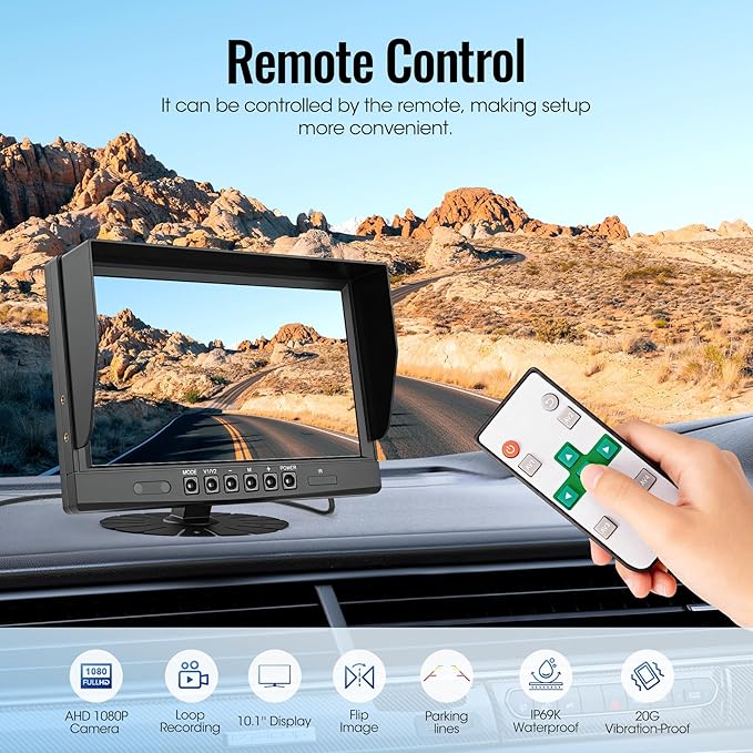 4-Wired Backup Camera System, 10.1" DVR Quad Screen Rear Side View Cameras, IP69 Waterproof IR Night Vision, 20G Vibration-Proof for Trailer/RV/Tractor/Combine/Skid Steer/Heavy Equipment, Y4