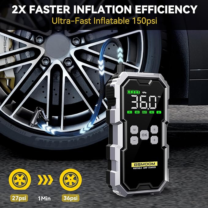 Jump Starter with Air Compressor, 6000A Jump Starter Battery Pack (All Gas/10L Diesel), 150PSI 12V Jump Box Car Battery Jumper Starter Portable with Type-C Quick Charge and LED Lights