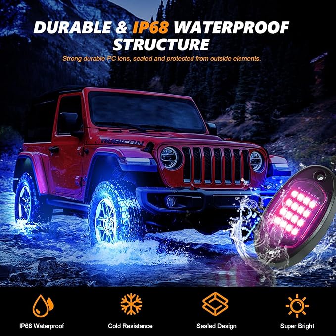 4 Pods RGB LED Rock Lights for ATV UTV Golf Cart Truck RZR Offroad SUV, Waterproof Multicolor Underglow Kit for Cars with APP Music Mode, Vehicle Accent Underbody Light Underneath 12V