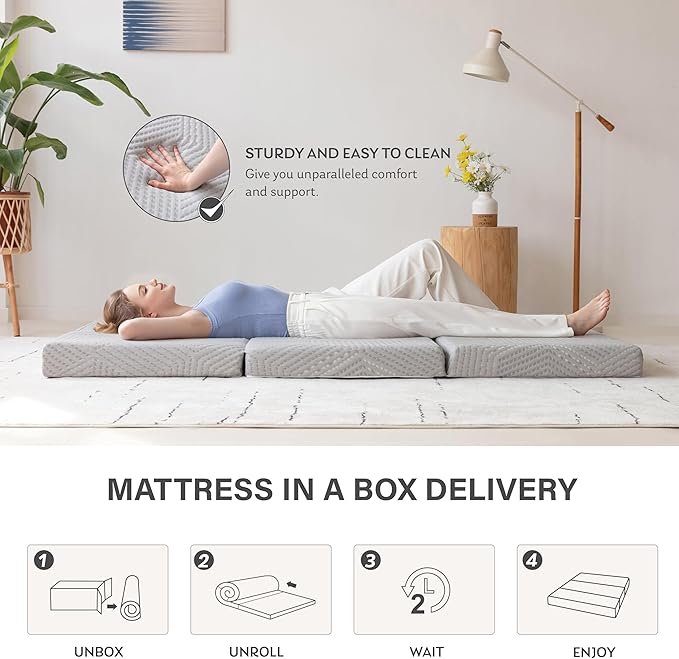 MLILY Tri-Fold Memory Foam Mattress, 4 inch Full Folding Mattress with Collapsible and Washable Cover, Travel and Guest Mat, 75"×54"×4", Grey