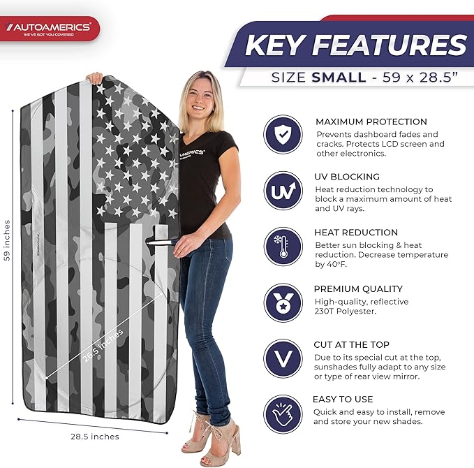 Autoamerics 1-Piece Windshield Sun Shade Gray Camo American Flag USA Design - Foldable Car Front Window Sunshade for Most Sedans SUV Truck - Blocks Max UV Rays and Keeps Your Vehicle Cool - Small