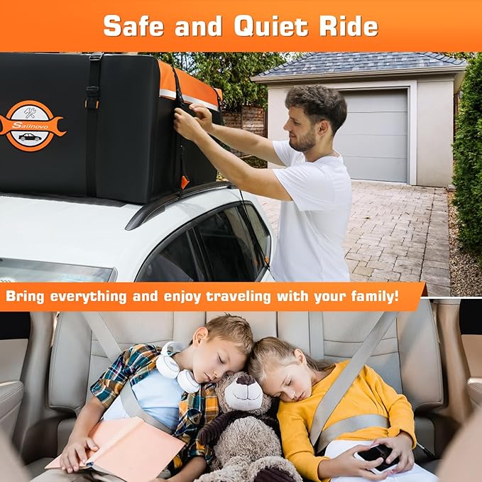 Sailnovo Rooftop Cargo Carrier 15 Cubic Feet, Waterproof Car Roof Bag Top Luggage Storage with Slip Mat, 4 Door Hooks & Heavy-Duty PVC for All Vehicle Roof with/Without Rack Cross Bar Orange