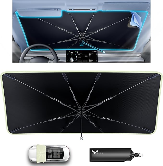 helloleiboo 𝟮𝟬𝟮𝟲 𝗨𝗽𝗴𝗿𝗮𝗱𝗲𝗱 Car Windshield Sun Shade Umbrella 53" x 30" – Foldable Sun Shade with 5-Layer Vinyl Coating, Reflective Heat & UV Protection, Fits Compact Cars & Small Sedans