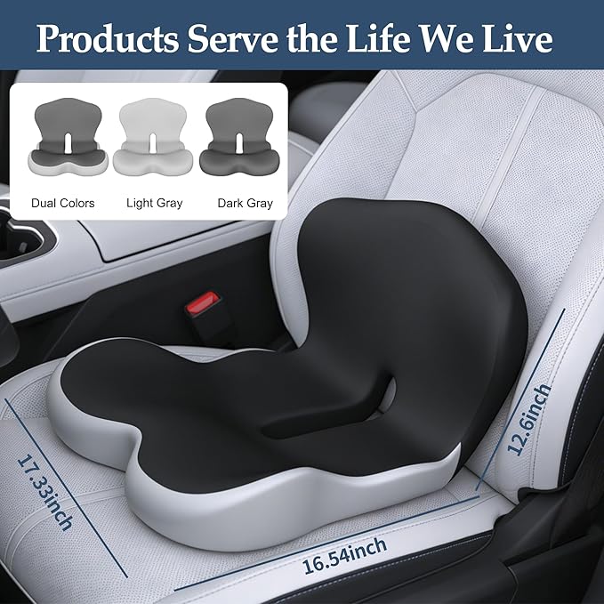Onever Ergonomic Memory Foam Seat Cushion, Lumbar Support Non Slip for Truck Driver Long Driving Office Chair Back Tailbone Pain Relief Black