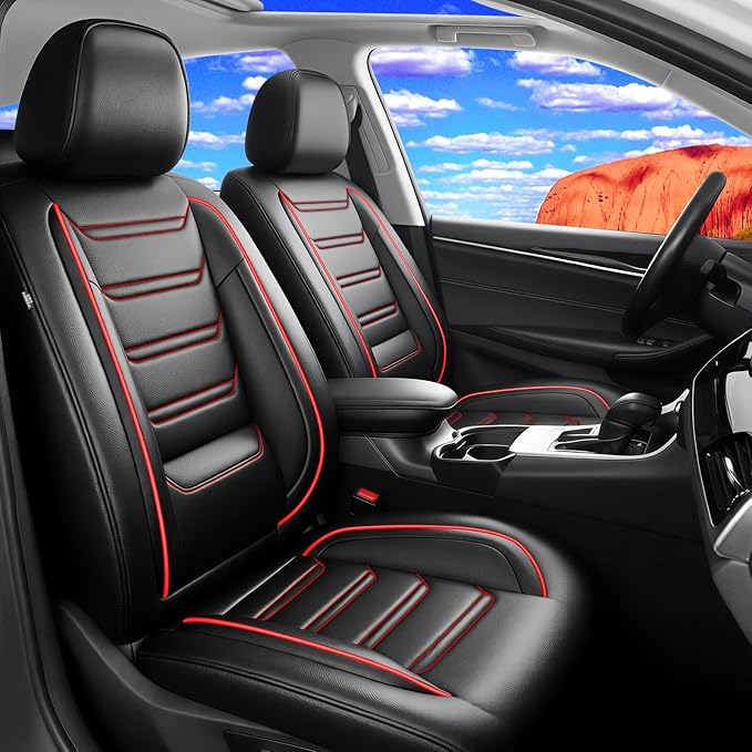 Fit Colorado Car Seat Covers (Front Pair) for Select Chevy/Chevrolet Colorado 2015-2026 - Premium Full Coverage Leather, Waterproof & All Weather Seat Cushion Protector, Black with Red Trim