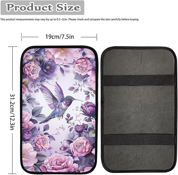 Suobstales Hummingbird Rose Flower Print Car Armrest Pad Soft Center Console Arm Rest Protector Cover Universal Car Interior Accessories Decoration