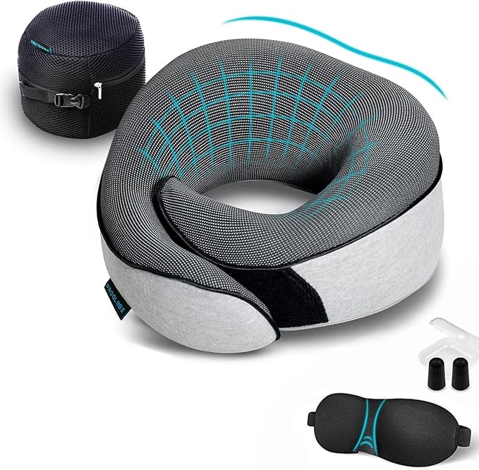 Proglobe Travel Neck Pillows for Airplanes, Sleeping Essentials for Long haul Flights, 360° Head Support, Car and Airplane Kit with 3D Contoured Eye Mask, Earplugs and Luxury Mesh Bag (Adult, Grey)